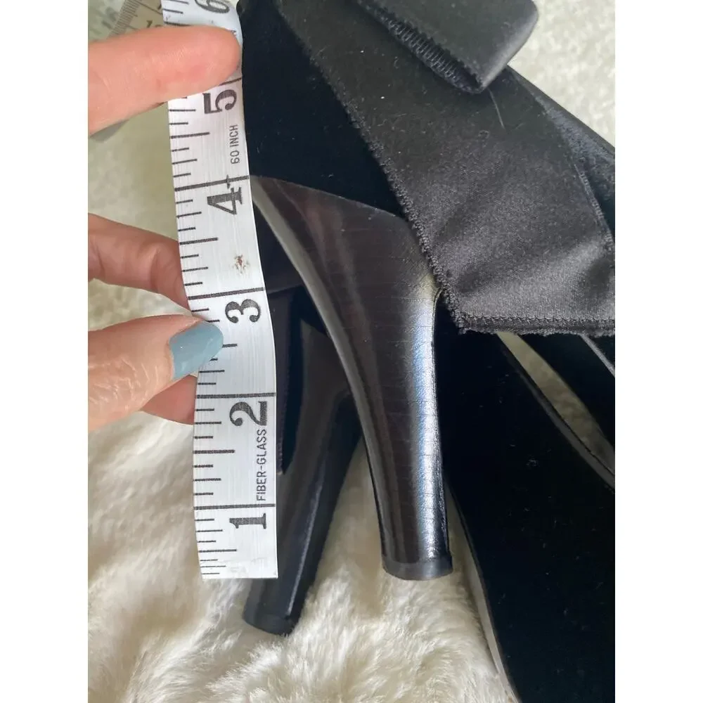Nannette Lapore Peep Toe Ribbon Bow Tie Black Velvet Heels Sz‎ 8